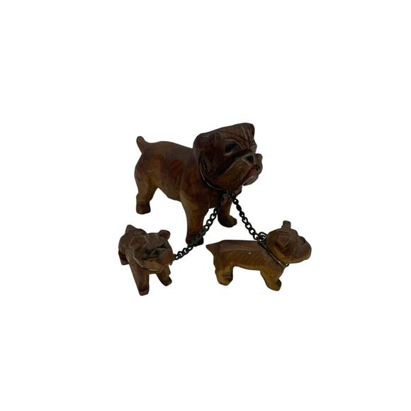 Vtg 40s 50s Chained Bulldog Figurines Wood Carved Knick Knacks Mini Mama Puppies - Picture 1 of 10